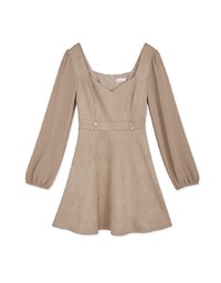 Square-Neck Bead-Button Stitched Suede Mini Dress