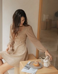 Square-Neck Bead-Button Stitched Suede Mini Dress