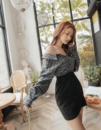 Plaid Strapless Button-Down Suede Mini Dress