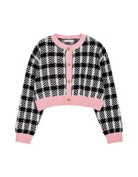 Collision Color Piping Check Pattern Gold Button Knit Crop Blazer Jacket