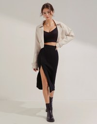 Side Zipper Slit Knit Maxi Skirt