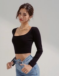 U Collar Knit Fitted Crop Top