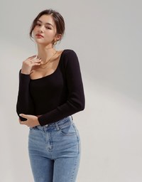 U Collar Knit Fitted Crop Top