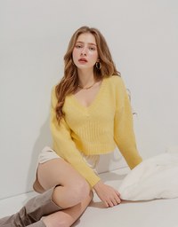V-Neck Diamond Checked Plush Knit Crop Top