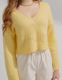 V-Neck Diamond Checked Plush Knit Crop Top