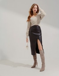 Fashionable Interlocking Slit Faux Leather Skirt