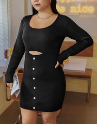 U-Collar Button-Down Knit Mini Dress