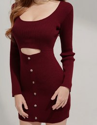 U-Collar Button-Down Knit Mini Dress