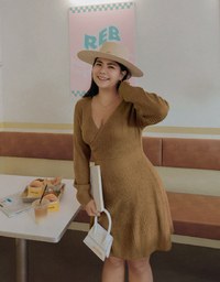 Overlapped V Neck Loose Knit Mini Dress