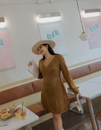 Overlapped V Neck Loose Knit Mini Dress