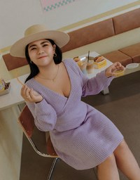 Overlapped V Neck Loose Knit Mini Dress
