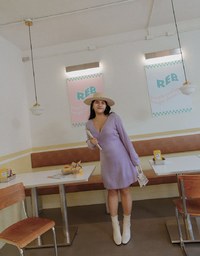 Overlapped V Neck Loose Knit Mini Dress