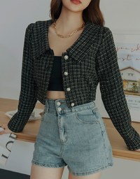 Small Bead Button Lapel Crop Top