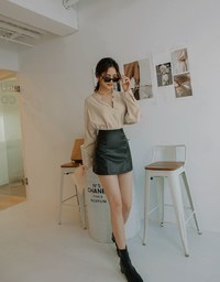 Collarless Plain Oversized Blouse Shirt