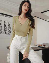 V Neck Ruched Crop Long Sleeve Top