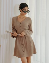V Neck Textured Buttoned Mini Dress