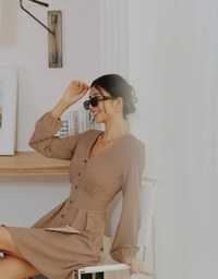 V Neck Textured Buttoned Mini Dress