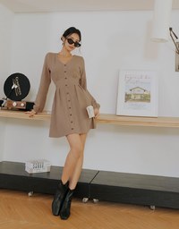 V Neck Textured Buttoned Mini Dress