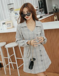 Checkered Lapel Diagonal Button Suit Dress