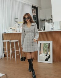 Checkered Lapel Diagonal Button Suit Dress