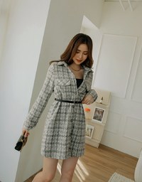 Tweed Lapel Buttoned Mini Dress (With Belt)
