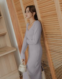 V Neck Slit Knit Maxi Dress