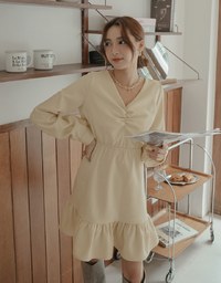 V Neck Scrunch Splice Ruffled Mini Dress