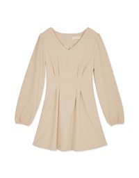 V Neck Pleated Puff Sleeve Flare Dress