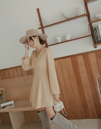 V Neck Pleated Puff Sleeve Flare Dress