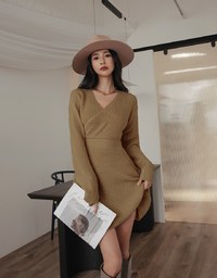 Overlapped V Neck Loose Knit Mini Dress