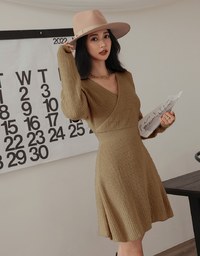 Overlapped V Neck Loose Knit Mini Dress