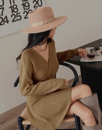 Overlapped V Neck Loose Knit Mini Dress