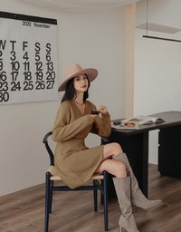 Overlapped V Neck Loose Knit Mini Dress
