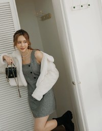 Side Button Style Wide Shoulder Cami Mini Dress