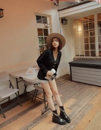 V-Neck Silver Button Slit Knit Blazer Jacket