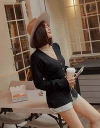 V-Neck Silver Button Slit Knit Blazer Jacket