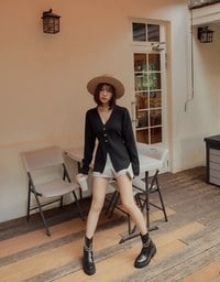 V-Neck Silver Button Slit Knit Blazer Jacket