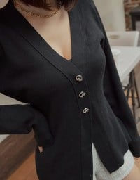 V-Neck Silver Button Slit Knit Blazer Jacket