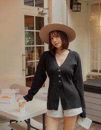V-Neck Silver Button Slit Knit Blazer Jacket