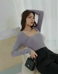 Square Neck Long Sleeve Knit Fit Top
