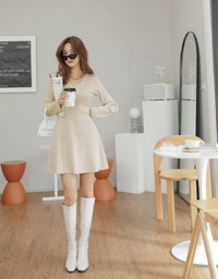 V Neck Buttoned Pocket Knit Mini Dress