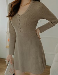 V Neck Buttoned Pocket Knit Mini Dress