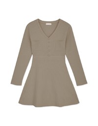 V Neck Buttoned Pocket Knit Mini Dress