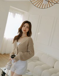 V Neck Button Up Loose Knit Crop Top