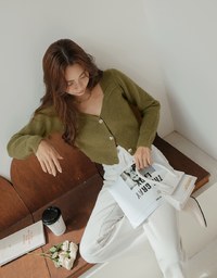 V Neck Buttoned Wool Knit Top