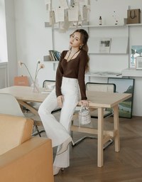 Small V Neck Tie Knit Long Sleeve Top