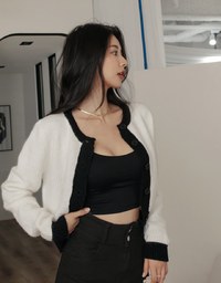 Knit Loose Blazer Jacket With Colorful Piping And Buttons