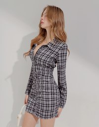 Lapel-Collar Checked Cropped Button-Up Mini Dress