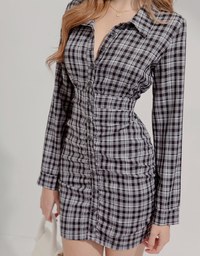 Lapel-Collar Checked Cropped Button-Up Mini Dress
