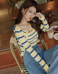Contrast Striped Button-Down Two-Piece Knit Top